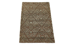 Knotted Rug Tan Green Hand Knotted 2'x3' Tibetan Transitional Wool and Silk Oriental Area Rug