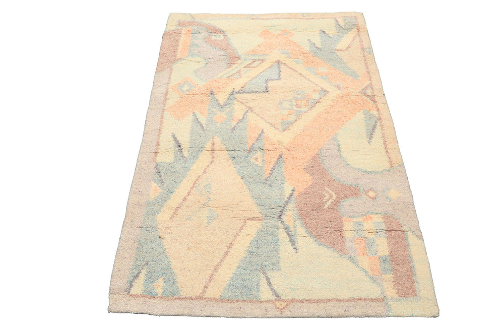 4x6 Ivory, Aqua, Lavender Color Hand Knotted Indo Tibetan Wool Oriental Rug