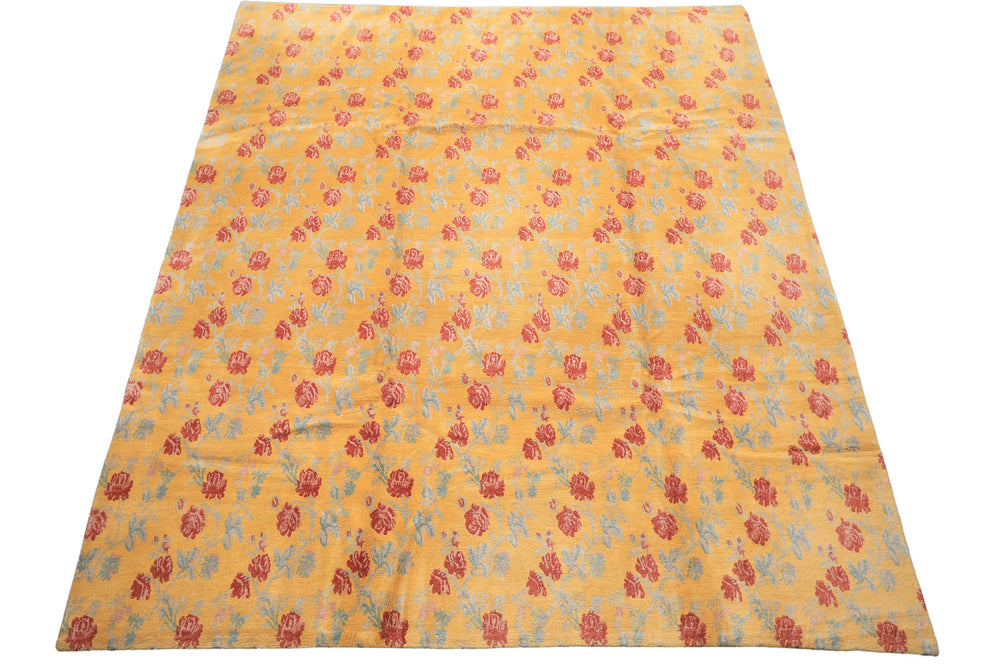 8x10 Gold, Blue, Rust Color Hand Knotted Tibetan Wool Transitional Oriental Rug