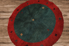 Round Green, Red, Gold Color Hand Knotted Gabbeh Wool Modern & Contemporary Oriental Rug