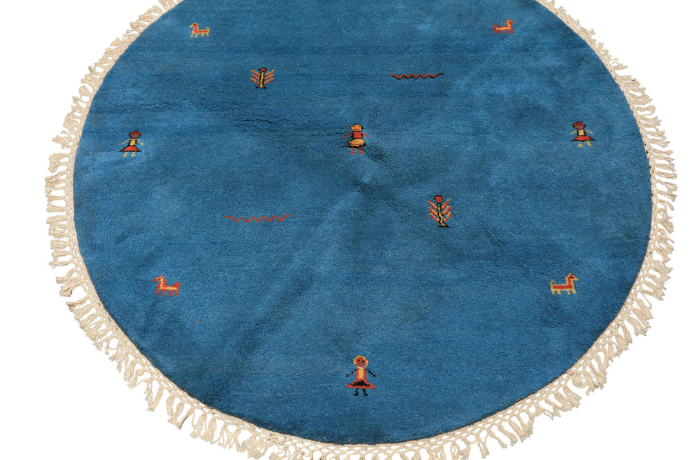 Round Aqua, Gold, Black Color Hand Knotted Gabbeh Wool Modern & Contemporary Oriental Rug