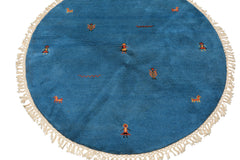 Round Aqua, Gold, Black Color Hand Knotted Gabbeh Wool Modern & Contemporary Oriental Rug