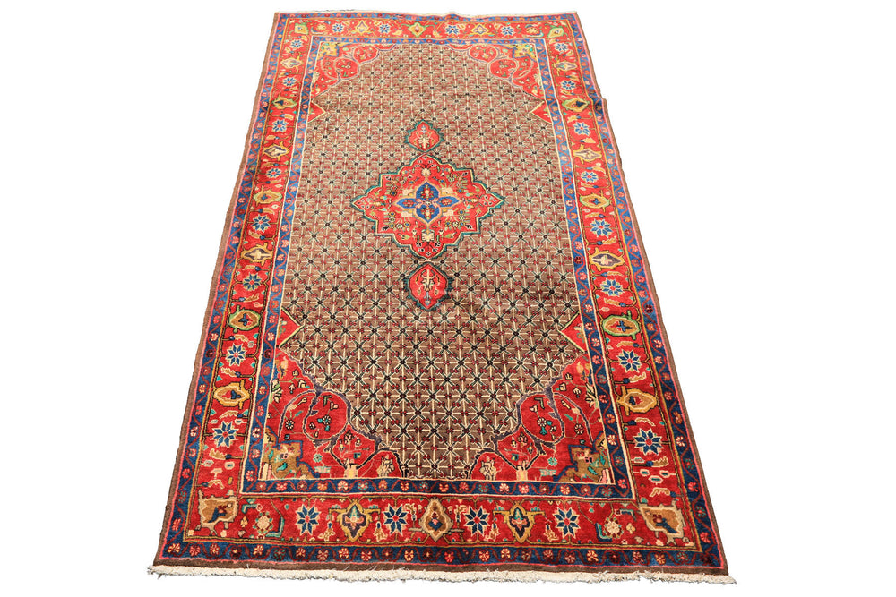 Runner Brown, Coral, Turquoise Color Hand Knotted Hamadan Wool Oriental Rug