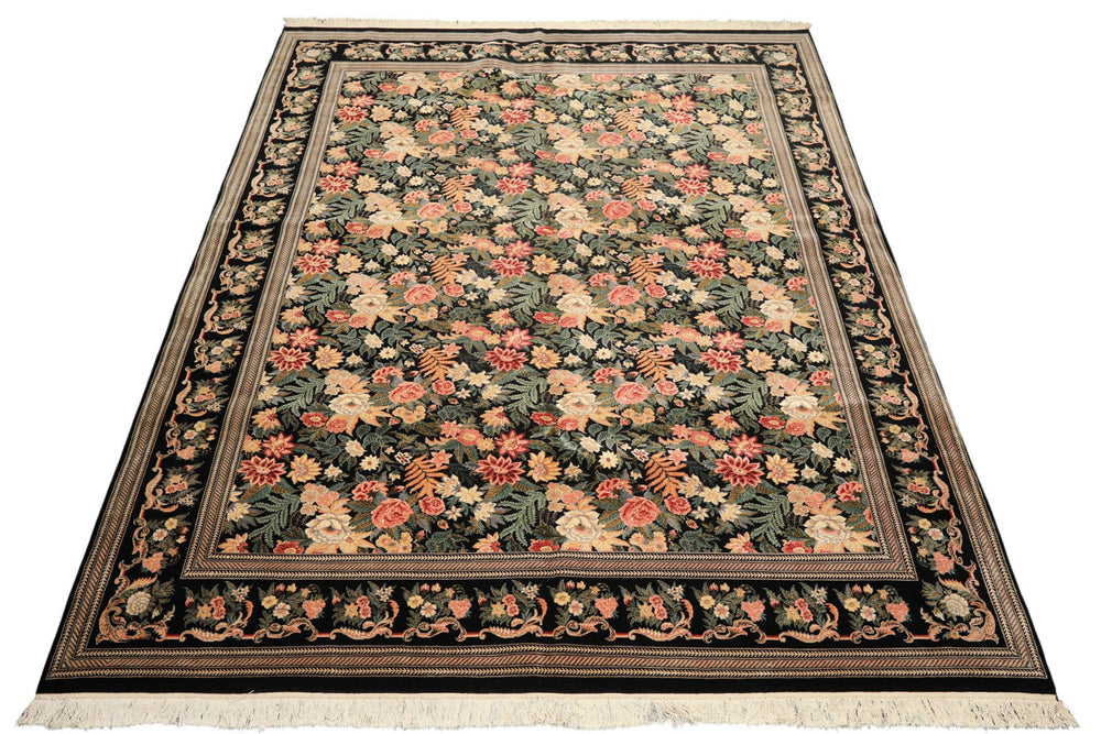 9x12 Black, Ivory, Rose Color Hand Knotted Pak Persian Wool & Silk Traditional Oriental Rug