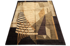 8x10 Charcoal, Olive, Green Color Hand Knotted Tibetan Wool & Pure Silk Oriental Rug