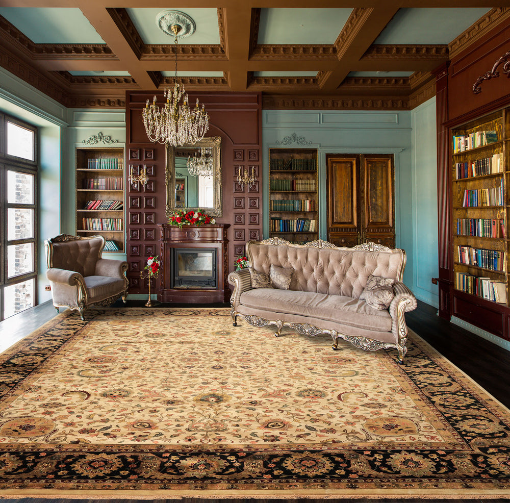 Palace Beige, Black, Maroon Color Hand Knotted Agra New Zealand Wool Traditional Oriental Rug
