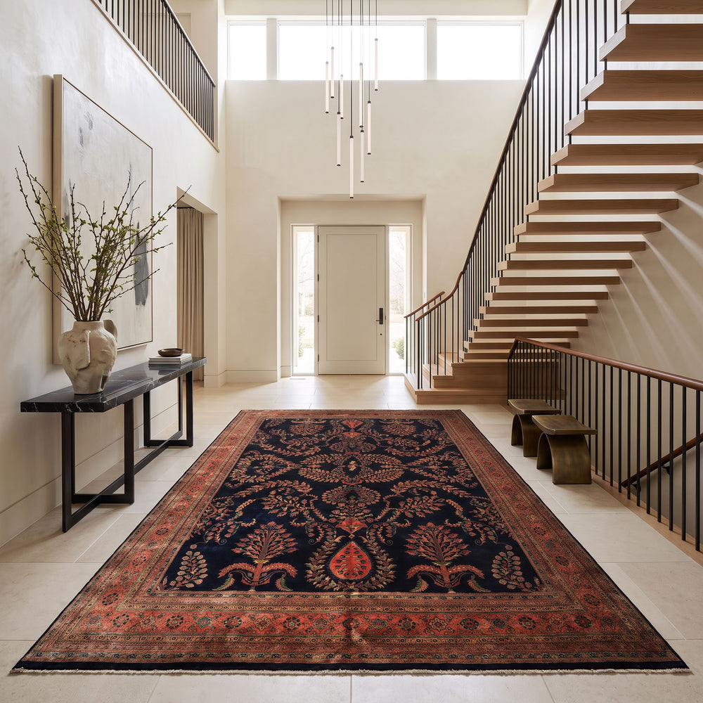 Palace Royal Blue, Rose, Aqua Color Hand Knotted Sarouk New Zealand Wool Traditional Oriental Rug