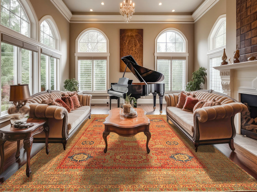 9x12 Burnt Orange, Gold, Celadone Color Hand Knotted Cairene Mamluk Wool Traditional Oriental Rug