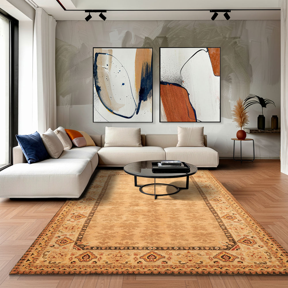 6x9 Tan, Ivory, Gold Color Hand Knotted Agra Wool Transitional Oriental Rug