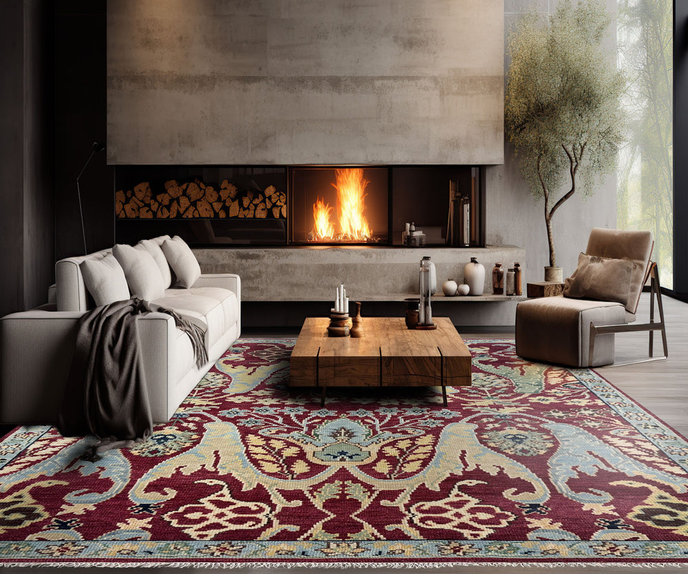 9x12 Wine, Mint, Blue Color Hand Knotted Oushak Wool Oriental Rug