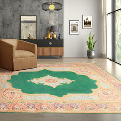 9x12 Green, Ivory, Rose Color Hand Knotted Kerman Wool Traditional Oriental Rug