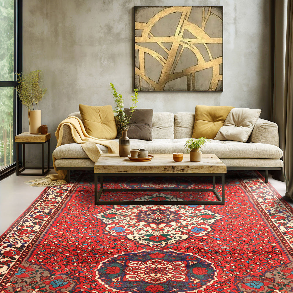 7x10 Red, Ivory, Blue Color Hand Knotted Ghom Wool Traditional Oriental Rug