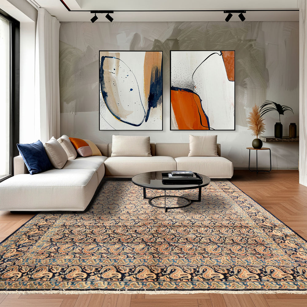 6x9 Navy, Ivory, Blue Color Hand Knotted Khorassan Wool Traditional Oriental Rug