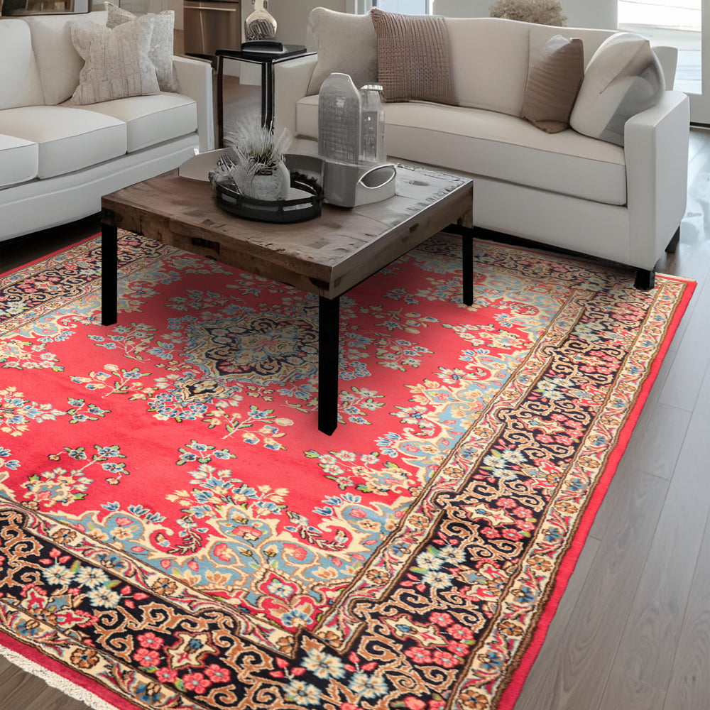 7x10 Fuschia, Midnight Blue, Aqua Color Hand Knotted Kerman Wool Traditional Oriental Rug