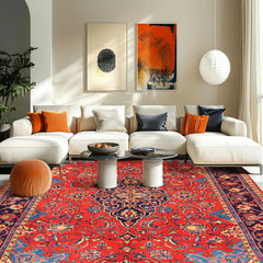 7x11 Red, Navy, Ivory Color Hand Knotted Sarouk Wool Traditional Oriental Rug