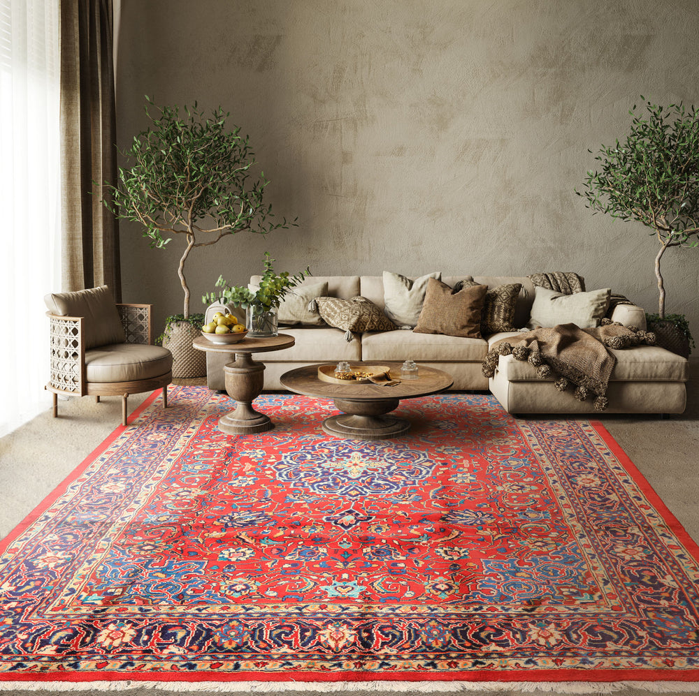 8x11 Red, Navy, Ivory Color Hand Knotted Sarouk Wool Traditional Oriental Rug