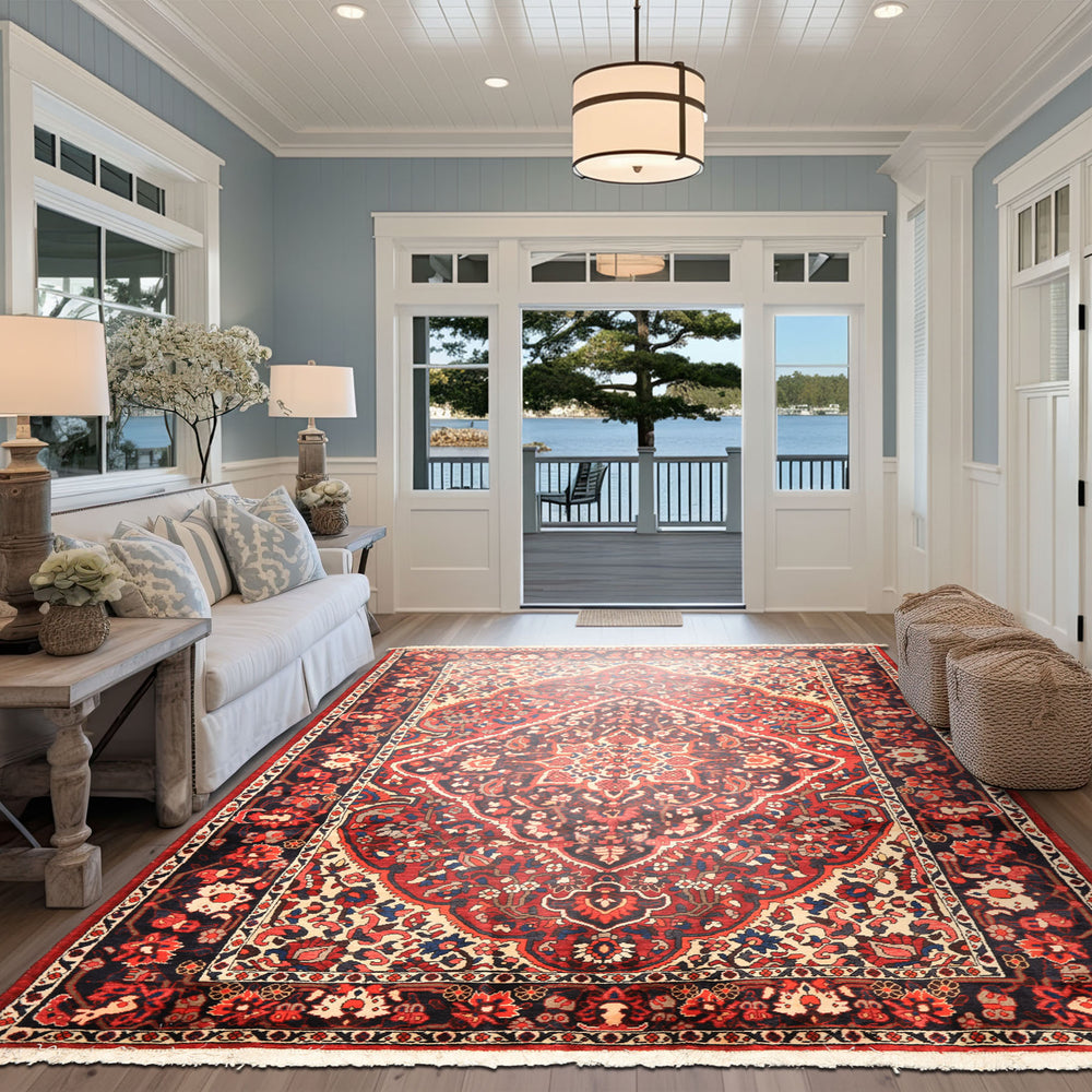 7x10 Rust, Ivory, Midnight Blue Color Hand Knotted Bakhtiari Wool Traditional Oriental Rug