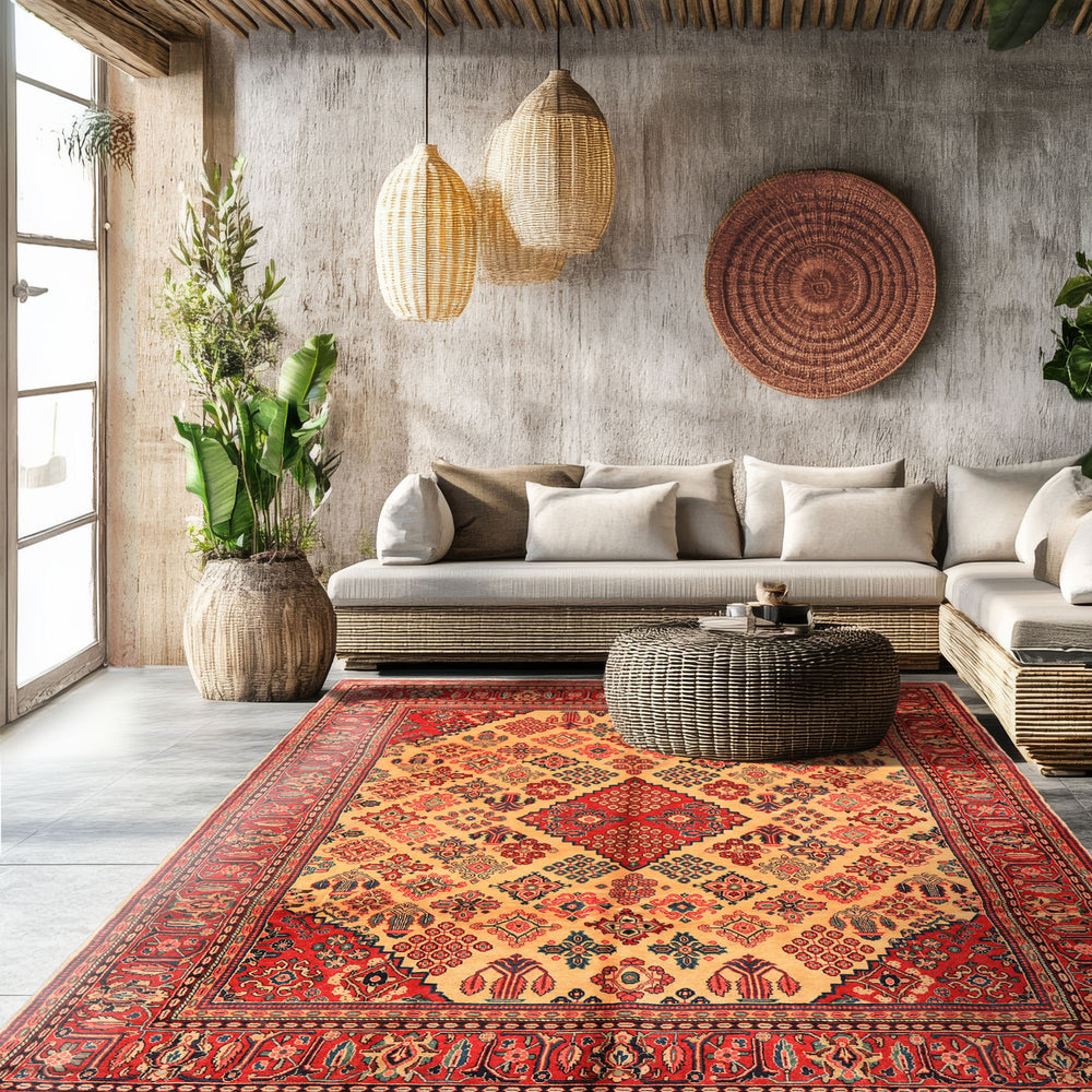 7x10 Light Gold, Ivory, Red Color Hand Knotted Meimeh Wool Traditional Oriental Rug