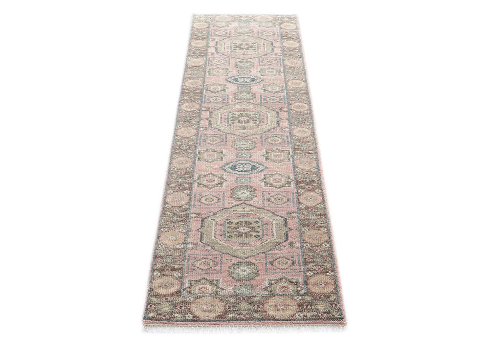 2'6x10 Blush, Gray, Ivory Color Hand Knotted Oushak Wool Transitional Oriental Rug