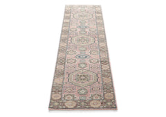 2'6x10 Blush, Gray, Ivory Color Hand Knotted Oushak Wool Transitional Oriental Rug