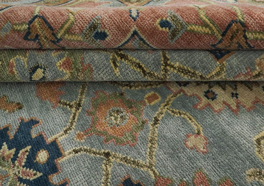 12x15 Blue, Peach, Lime Color Hand Knotted Oushak Wool Oriental Rug