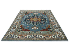 9x12 Blue, Ivory, Mint Color Hand Knotted Oushak Wool Oriental Rug