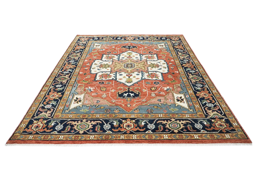 9x12 Burnt Orange, Ivory, Navy Color Hand Knotted Oushak Wool Oriental Rug
