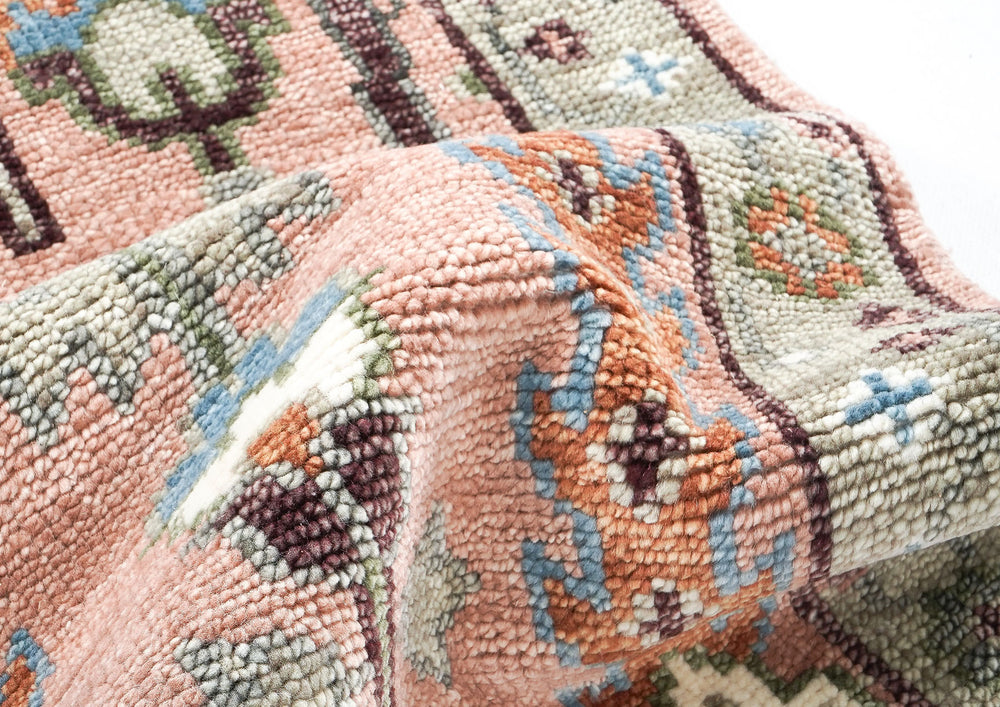2'6x8 Blush, Gray, Blue Color Hand Knotted Oushak Wool Transitional Oriental Rug