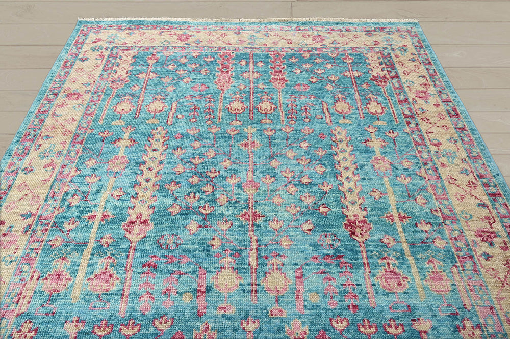 Multi Size Turquoise Light Gold Rose Color Hand Knotted Indo Oushak Wool Traditional Oriental Rug