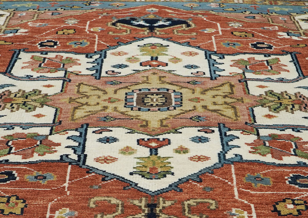 9x12 Burnt Orange, Ivory, Navy Color Hand Knotted Oushak Wool Oriental Rug