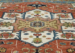 9x12 Burnt Orange, Ivory, Navy Color Hand Knotted Oushak Wool Oriental Rug
