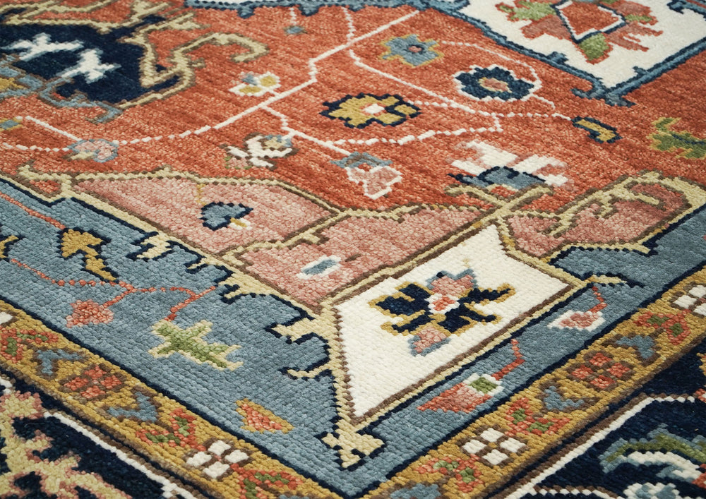9x12 Burnt Orange, Ivory, Navy Color Hand Knotted Oushak Wool Oriental Rug
