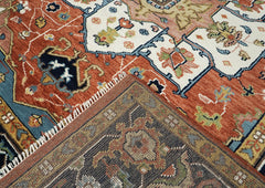 9x12 Burnt Orange, Ivory, Navy Color Hand Knotted Oushak Wool Oriental Rug