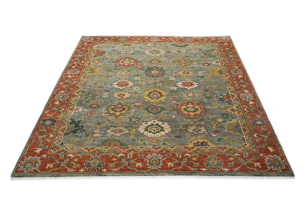 9x12 Blue, Gray, Burnt Orange Color Hand Knotted Oushak Wool Oriental Rug