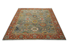 9x12 Blue, Gray, Burnt Orange Color Hand Knotted Oushak Wool Oriental Rug