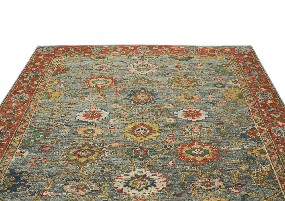 9x12 Blue, Gray, Burnt Orange Color Hand Knotted Oushak Wool Oriental Rug