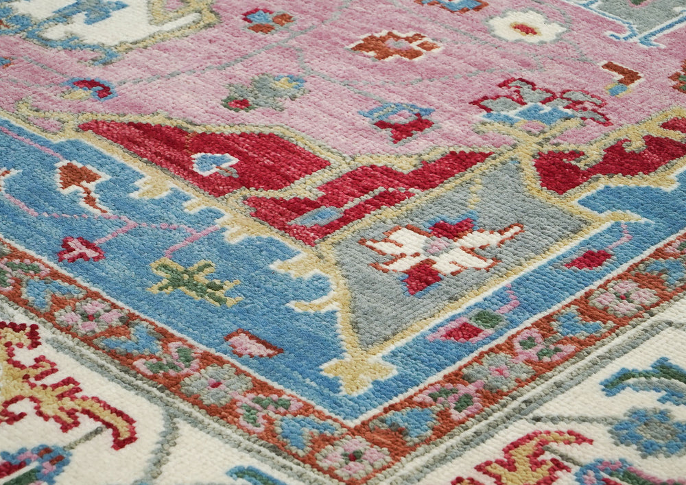 9x12 Pink, Celadon, Blue Color Hand Knotted Oushak Wool Oriental Rug