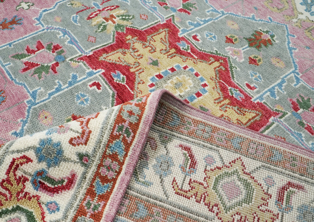 9x12 Pink, Celadon, Blue Color Hand Knotted Oushak Wool Oriental Rug