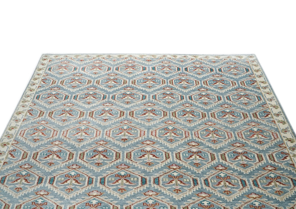 9x12 Blue, Beige, Rust Color Hand Knotted Oushak Wool Transitional Oriental Rug