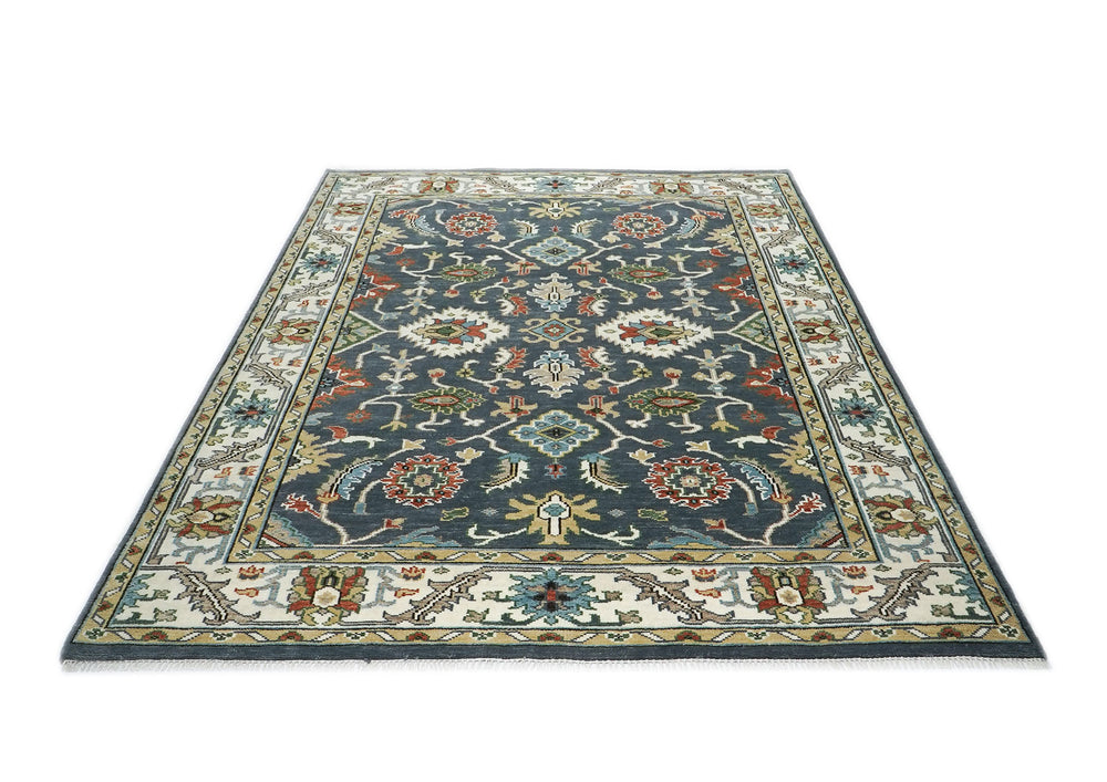 9x12 Blue, Ivory, Green Color Hand Knotted Oushak Wool Oriental Rug