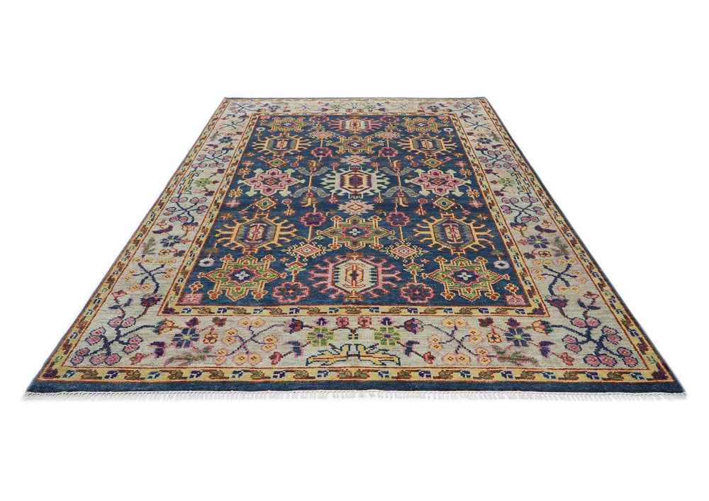 8x10 Navy, Gray, Biege Color Hand Knotted Oushak Wool Oriental Rug