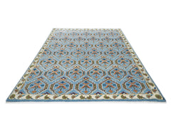 8x10 Blue, Green, Burnt Orange Go Color Hand Knotted Oushak Wool Transitional Oriental Rug