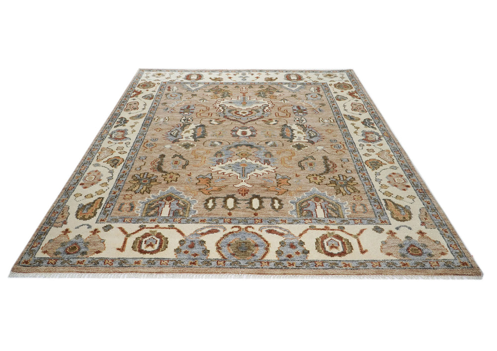 8x10 Mocha, Ivory, Gray Color Hand Knotted Oushak Wool Oriental Rug