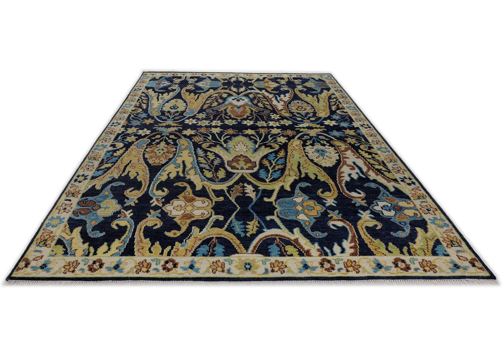 Multi Size Navy Mint Ivory Color Hand Knotted Oushak Wool Oriental Rug