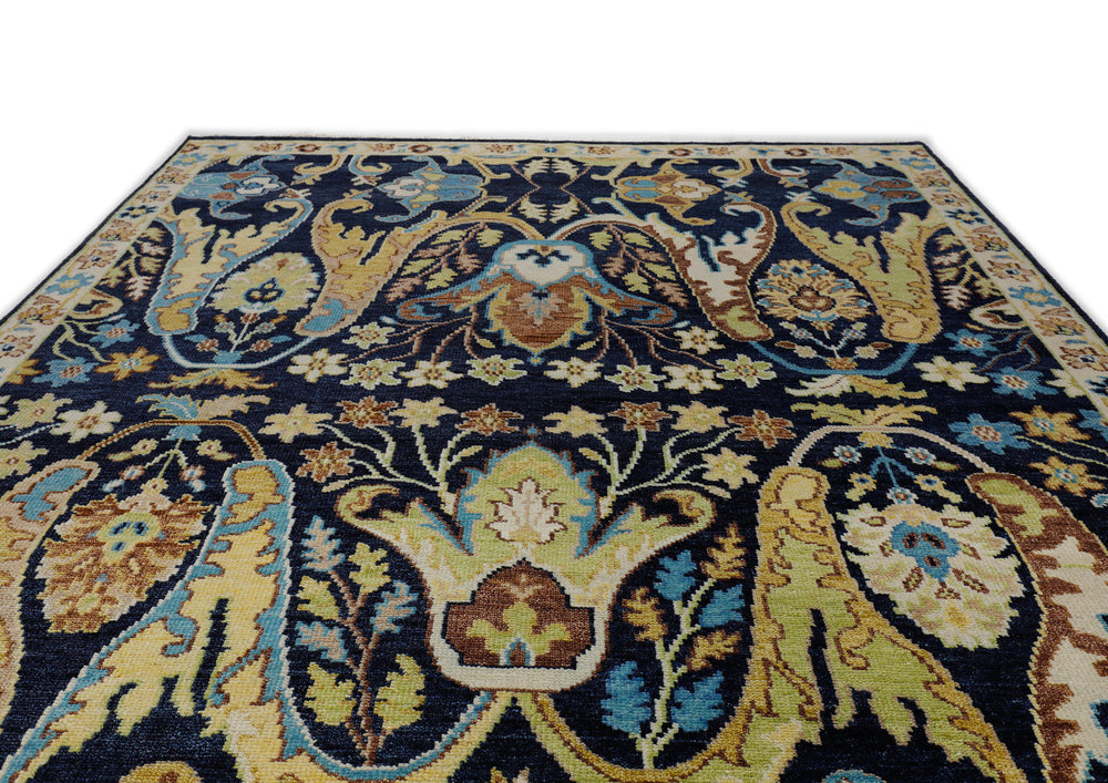 Multi Size Navy Mint Ivory Color Hand Knotted Oushak Wool Oriental Rug