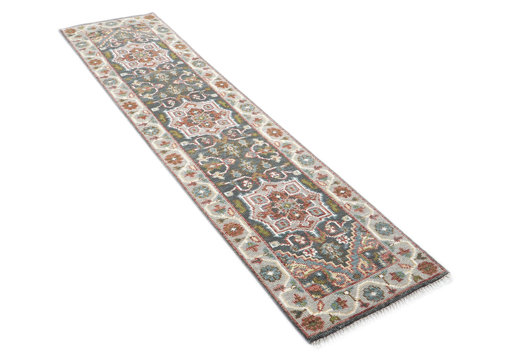 2'6x10 Gray, Slate, Ivory Color Hand Knotted Oushak Wool Transitional Oriental Rug