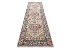 2'6x10 Beige, Slate, Gold Color Hand Knotted Oushak Wool Traditional Oriental Rug