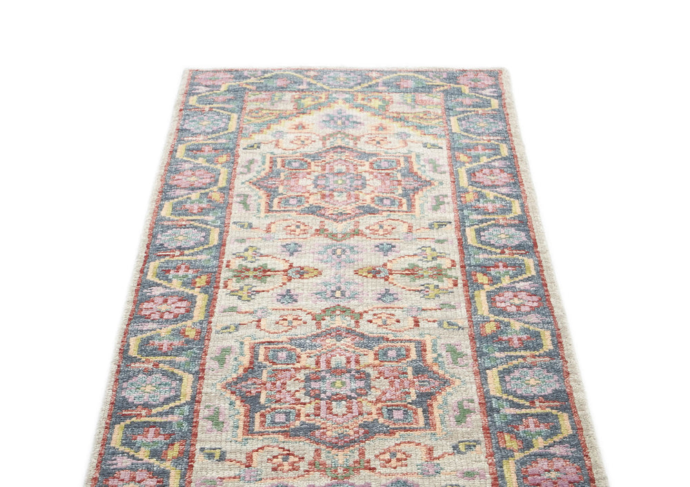 2'6x10 Beige, Slate, Gold Color Hand Knotted Oushak Wool Traditional Oriental Rug