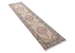 2'6x10 Beige, Slate, Gold Color Hand Knotted Oushak Wool Traditional Oriental Rug