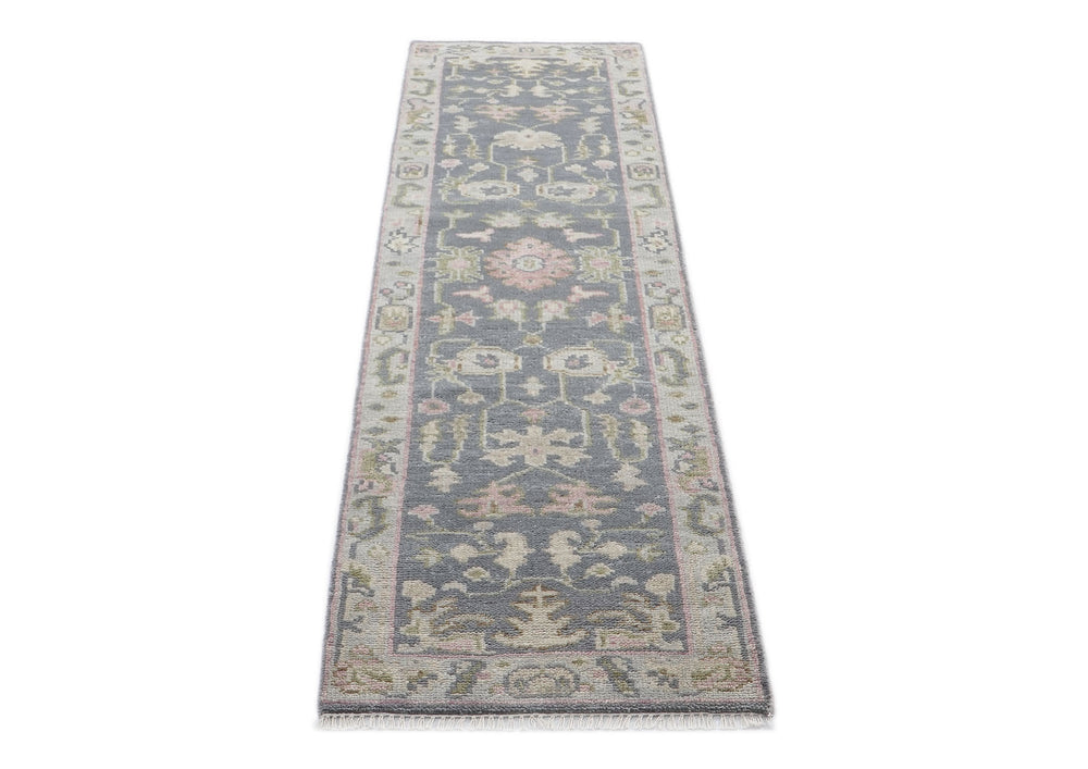 2'6x10 Slate, Gray, Sage Color Hand Knotted Oushak Wool Transitional Oriental Rug
